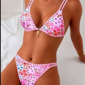 Floral Pink Striped Trim Bikini Set
